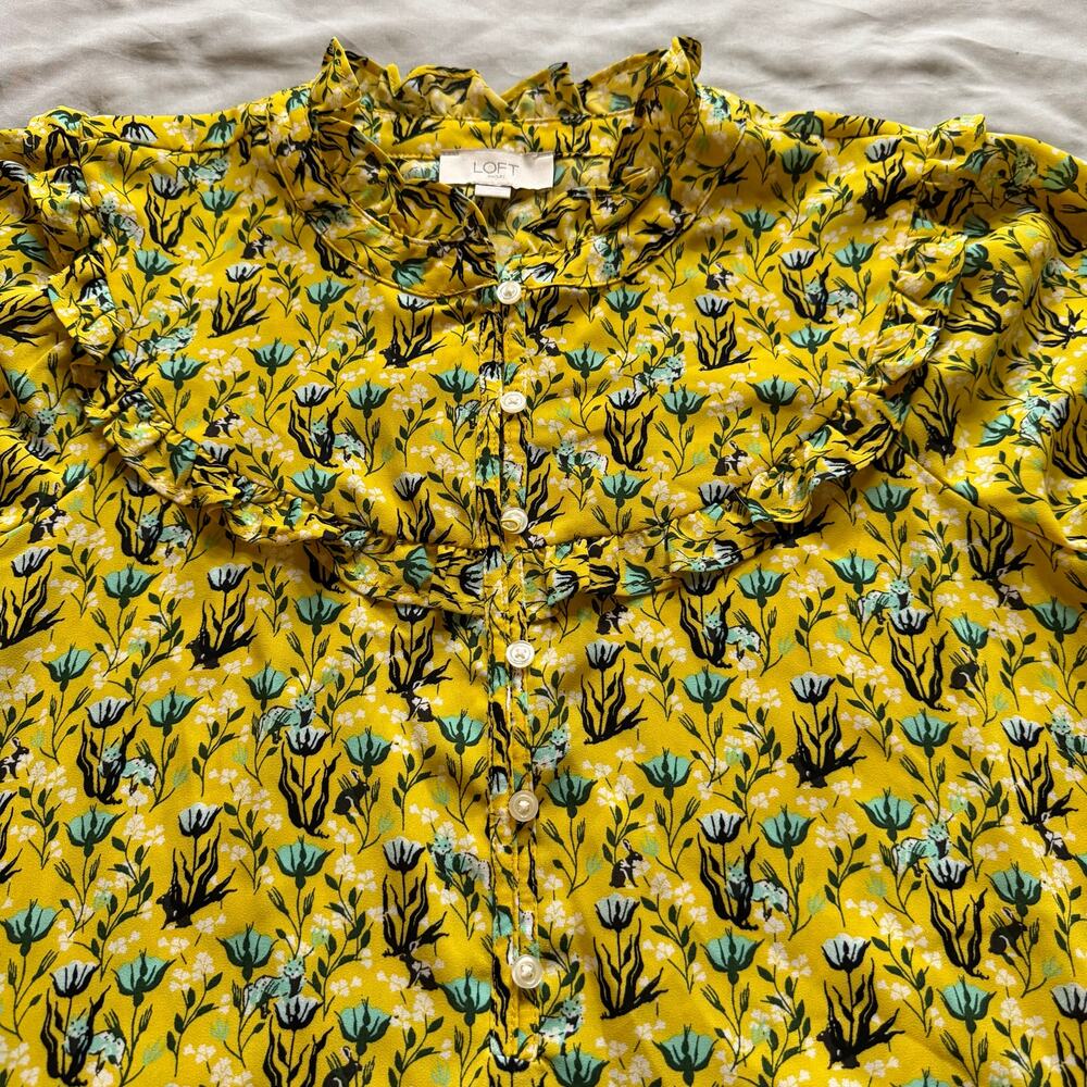 LOFT Outlet Yellow Floral Ruffle Neck Blouse Medium Long Sleeve Boho Cottagecore - Picture 8 of 9